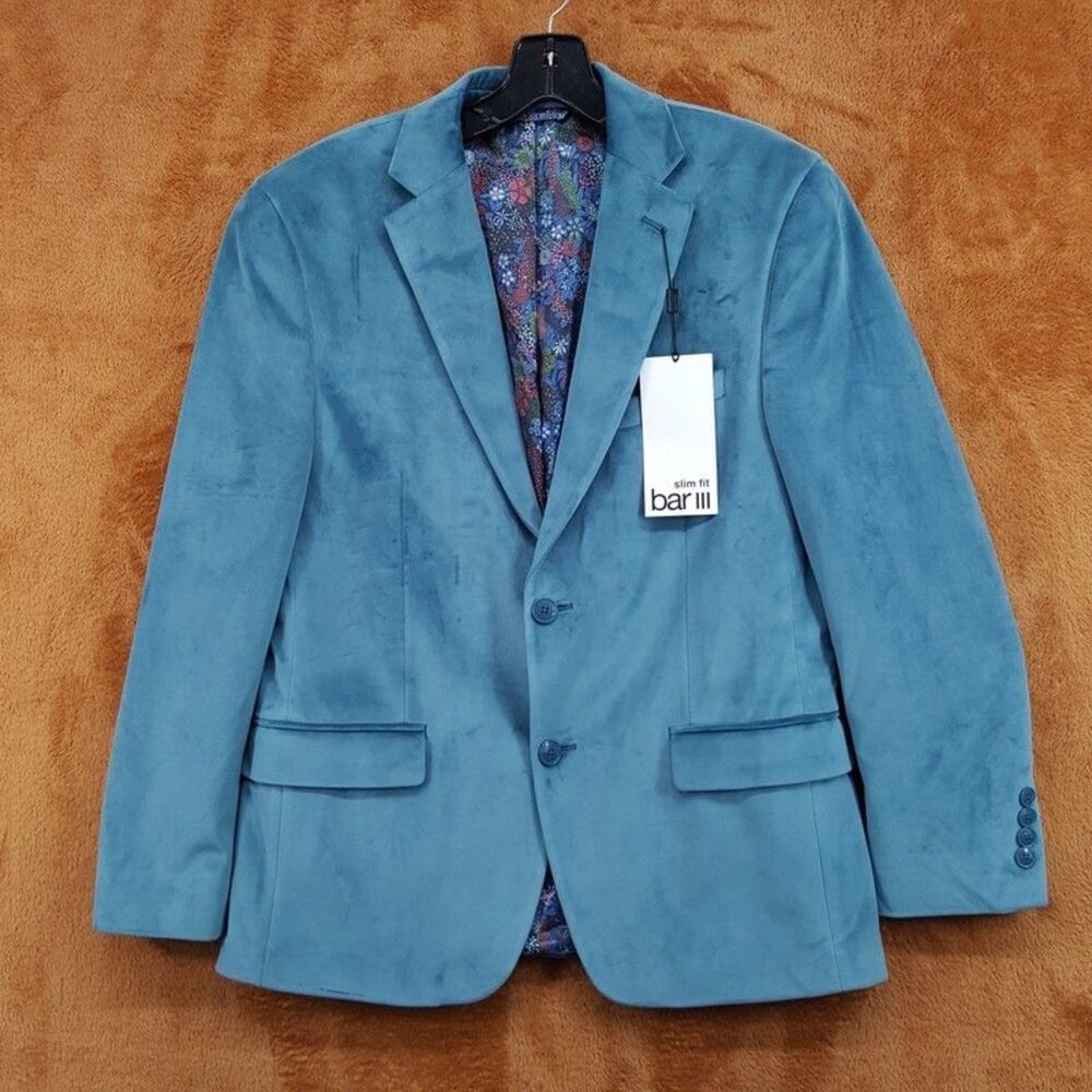 BAR III Sport Coat Mens 40 Short Blue Velvet Slim Fit Suit Jacket 40S